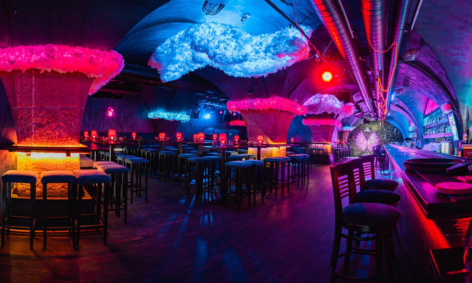 Main room with a vaulted ceiling and glowing clouds